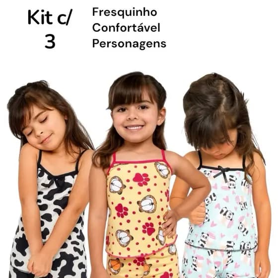 Kit c/ 3 Pijamas Infantil Baby Doll Estampado Qualidade com Short Roupa de Dormir Criança