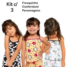 Kit c/ 3 Pijamas Infantil Baby Doll Estampado Qualidade com Short Roupa de Dormir Criança