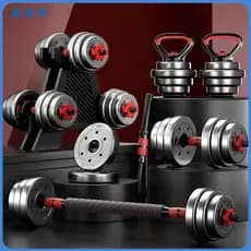 Kit 6 Em 1 Musculação 15kg Halteres Anilhas Barras Kettlebell Ajustáveis Academia Treino em Casa