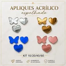Apliques Espelhados Borboletas e Coração Acrílico Dourado Prata Azul Rosé Decoração Artesanato Personalização