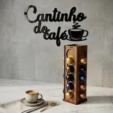 Kit Cantinho do Café Placa Decorativa Acrílico Parede Porta Cápsulas Torre Organizador Cozinha