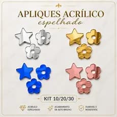 Aplique Espelhado Acrílico Estrela e Flor Kit Decoração Artesanato Presente Rosé Dourado Prata Azul