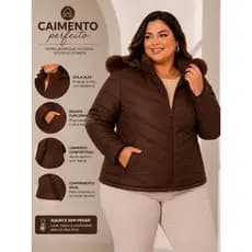 Jaqueta Puffer Feminina Plus Size Touca de Pelinho Removível Blusa Casaco Bobojaco