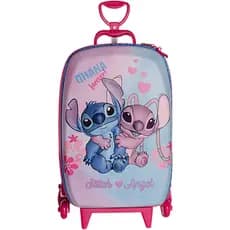 Mochila Mala Infantil Stitch e Angel 3D com Rodinhas  Colorida, Leve e Super Fofa