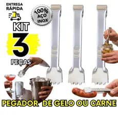 3, 2 ou 1 Pegador de Gelo Carne Pequeno Multiuso Inox 12,5cm Porções Cozinha Bartender Profissional