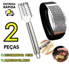 Utensílios de Cozinha Descamador de Peixe Escamador Peixe + Amassador Triturador de Alho Inox