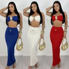 Conjunto Feminino Cropped Tomara que Caia e Saia Longa com Detalhes Dourados Elegante Tendencia 2026