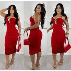 Vestido Feminino Midi Sensual Fivela no Decote Tubinho Drapeado Com Argola Alcinha Tendência Moda