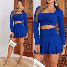 Conjunto Cropped Manga longa  + Saia Curta Cintura Alta Babados Suplex PREMIUM Modinha