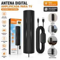 Antena Digital TV Interna Externa Amplificada USB UHF VHF HD Full HD 4K Cabo 10m Alta Captação Instalação Fácil