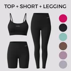 Kit Conjunto Fitness Feminino Legging + Short + Top Alça Fina Power Tech - Modelagem Slim