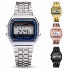 Relógio Digital Feminino Vintage Masculino Retrô Unissex Pulseira Metálica Prata Dourado Preto