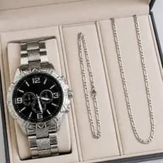 Kit Relógio Masculino Prata Pulseira Corrente Analógico Luxo Quartzo Casual Preto Dourado Classico