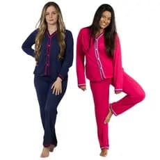 KIT 2 Conjuntos de Pijama Longo de Botão Americano -Amamentação Pós Parto Confortável