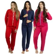 KIT 3 Pijama Longo Americano de Botão Feminino Adulto - Roupa de Dormir Inverno