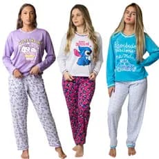 KIT 3 Pijamas Longo Feminino Adulto - Malha PV Premium