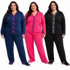 Pijama Longo Plus Size Americano Feminino – Botão Malha Premium