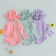 Biquíni Com Zíper E Estampa Floral De Manga Comprida Para Bebês Meninas Chapéu Roupa De Banho Recém-Nascidos