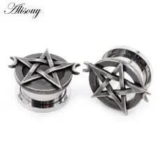 Alisouy 2pcs 8mm-25mm Punk Aço Inoxidável Estrela Da Lua Sem Parafusos Túneis De Orelha Expansor Maca Medidores De Perfu
