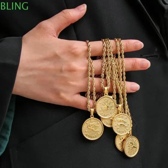Colar Com Pingente De Moeda BLING , De Aço Boho Zodiac Sign , Amuletos De Bolsa De Joias Da Moda