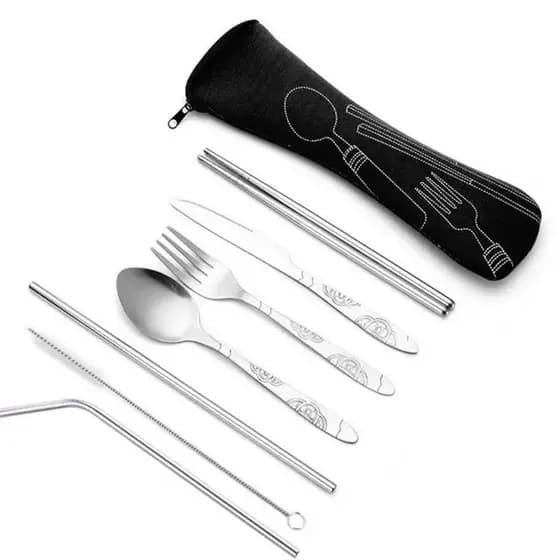 7 Pçs/Set Conjunto De Talheres De Piquenique Portátil Kit Viagem Caso Saco De Pano Faca Garfo Colher Pauzinho Palha Rico