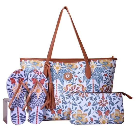 Bolsa Feminina Kit – Bolsa Praia + Chinelo + Necessaire Estilo Tropical