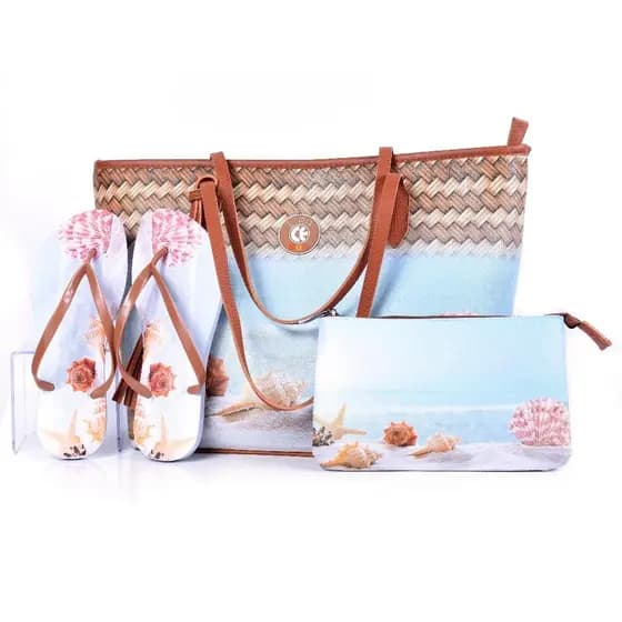 Kit Praia Feminino Luxo: Bolsa + Chinelo + Nécessaire – Estilo e Praticidade Luxo