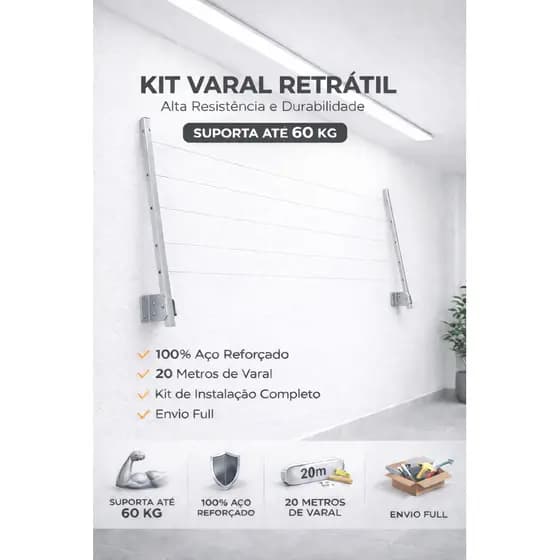 Varal Retrátil Parede 100% Alumínio Suporte Resistente até 80kg - Envio Imediato