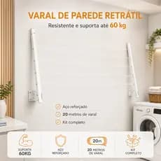 Varal Alumínio Reforçado Retrátil De Parede Para Roupas Suporta Até 60kg BRANCO FRIO VARIEDADES