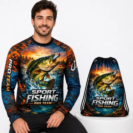 Camiseta Manga Longa Masculina Pesca Esportes Nauticos e Bolsa saco esportiva