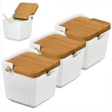 Conjunto 3 Saleiros Oasis Ceramica Com Tampa Bambu