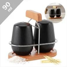 Jogo Saleiro Pimenteiro Cerâmica Preto 90ml Suporte Bambu Porta Condimentos Mesa Cozinha Premium