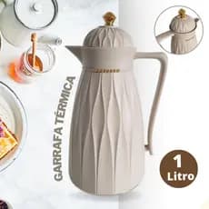 Garrafa Térmica 1 Litro Khadija Café Chá Bege e Dourada Botão Click Premium Mesa Posta Minimalista