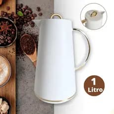 Garrafa Térmica 1 Litro Café Chá Samira Branca e Dourada Botão Click Premium Mesa Posta Minimalista