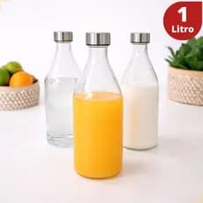 Garrafa de Vidro 1 Litro Tampa Inox Para Água Suco Leite Geladeira Jarra Fechamento Hermético
