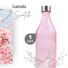 Garrafa de Vidro 1L Água Geladeira Rosa Tampa Inox  Canelada Scotch Filete Quadrada Hermética