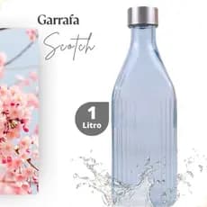 Garrafa de Vidro 1L Água Geladeira Azul Tampa Inox  Canelada Scotch Filete Quadrada Hermética