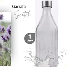 Garrafa de Vidro 1L Água Geladeira Cinza Tampa Inox Color Canelada Scotch Filete Quadrada Hermética