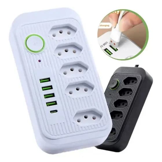 Extensão 5 Tomadas 4 USB 1 TypeC Universal Bivolt 2500W Power 2m Filtro De Linha Segurança
