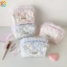 Bolsa De Maquiagem Romântica Com Estampa Floral , Laço Babados , Grande Capacidade , Embreagem Para Mulheres , Viagem ,