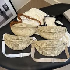 Bolsa De Cintura Preta De Verão , Transversal Diagonal Elegante E Casual Peito Minimalista De Ombro Único Palha Tecida