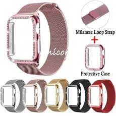 Para Apple Watch Band + Case Ultra 49mm 45mm 41mm 40/44mm 42mm 46mm Glitter Pulseira De Metal Diamante Capa Protetora iW