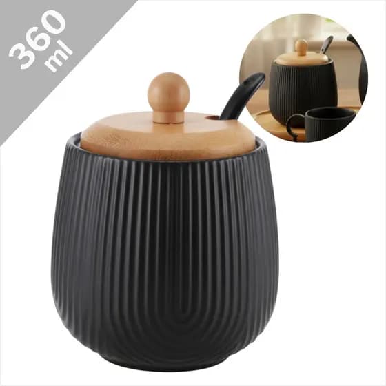 Açucareiro Cerâmica Oásis Tampa Bambu Com Colher 360ml Porta Açúcar Luxo Cozinha Restaurante