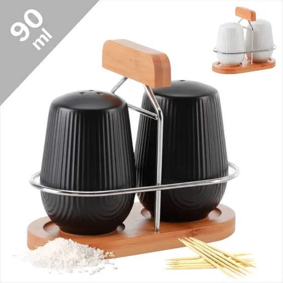 Kit Saleiro e Paliteiro Em Cerâmica Com Suporte Em Bambu Oásis 3 Peças