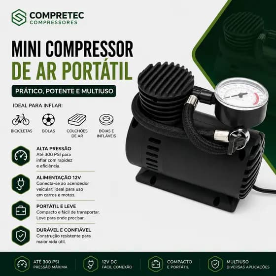 Mini Calibrador de Ar 12V para Bicicleta, Colchão Inflável, Bola, Balão