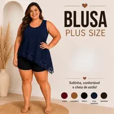 Blusa Plus Size Feminina Duna Regata Soltinha com Renda Barra Assimétrica G1 G2 G3 |4245| Oferta
