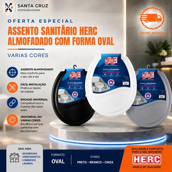 Assento Sanitário Almofadado Oval Universal com Tampa para Vaso – Herc