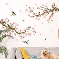 Adesivos de parede, adesivos de parede de pássaro de ramo de flor de pêssego, adesivos de parede decorativos