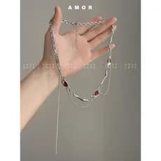 Colar De Clavícula De Zircão Vermelho E Preto Em Aço Titânio Escuro • Unissex Subcultura Punk-Girl Trendy Cool Chain Ace