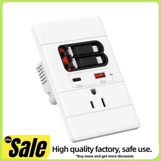 Tomada De Parede USB-C Com Cabos De Iluminação Retráteis/A , 15A 125V , GaN PD 20W , Resistente Violação